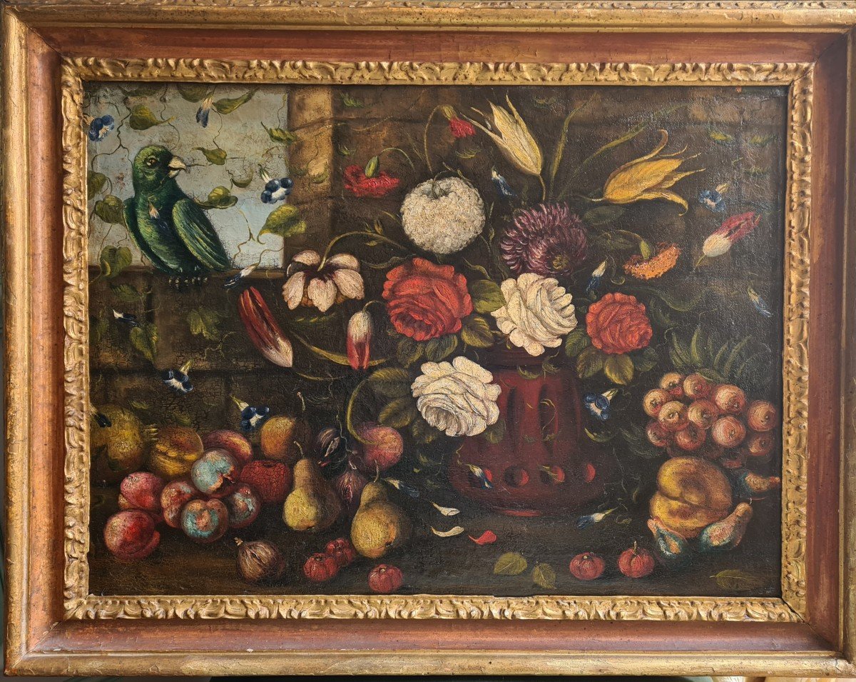 Ecole Italienne 2ème moitié  du XVIIIème , Nature Morte Aux Fruits, Fleurs Et Au Perroquet 