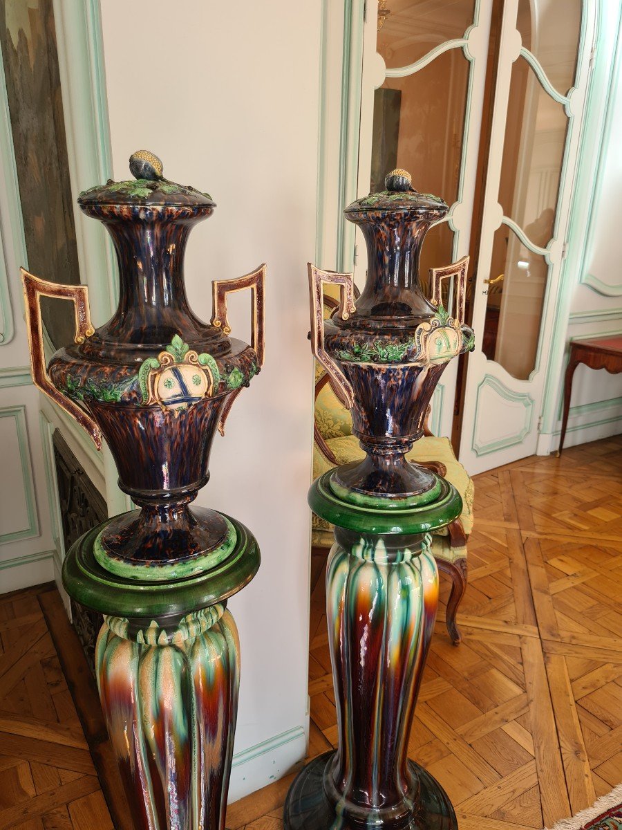 École De Tours. Grande Paire De Vases Couverts De Forme Ovoïde Sur Piédouche. Vers 1860. -photo-3