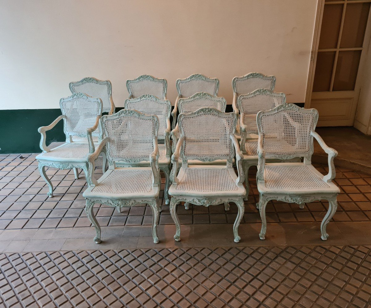 Rare Suite De 11 Fauteuils De Style Regence En Bois Laqué, Seconde Moitié XIXème. -photo-4