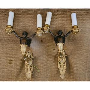 Pair Wall Lights With Putti Or Cherubs Maison Tisserant  XXème.