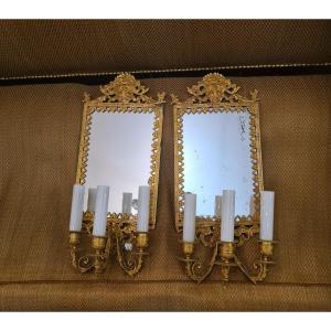 Pair Of Sconces With Mirror Backgrounds In Chiseled And Gilded Bronze, Louis XIV Style.