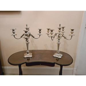 Pair Of Large Rocailles Candelabras In Silver Metal, Second Half 19th Century