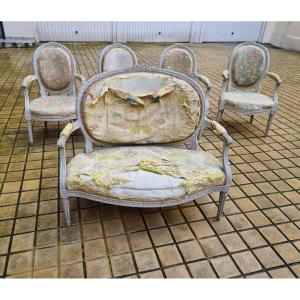 Louis XVI Period Living Room In Lacquered Wood Stamped Forget (4 Armchairs + 1 Sofa) 