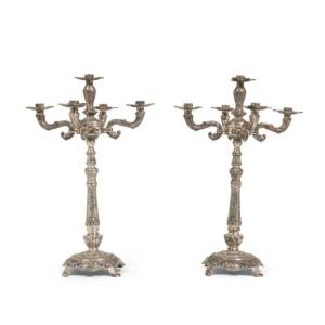 A Large Pair Of Silvered Bronze Candelabra With Five Lights
