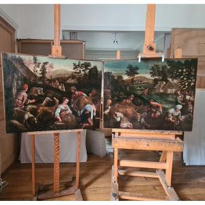 École vénitienne, atelier de Bassano début XVIIème-Paire de toiles «Les Vendanges-Les Récoltes»