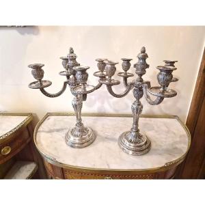 paire de candélabres en bronze argenté de style Louis XVI , seconde moitié XIXème .