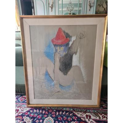 Yvonne Mottet (1908-1986) Le Clown, 93x74, Gras Pencil, Signed.