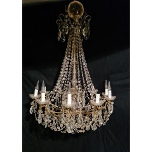 Large Chandelier 10 Lights In Gilt Bronze And Crystal,