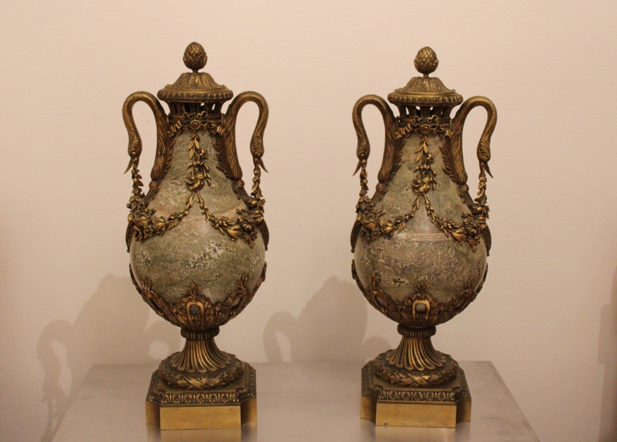 Pair Of Bronze And Marble Vases, Louis XVI Style. French, 19th Century-photo-2