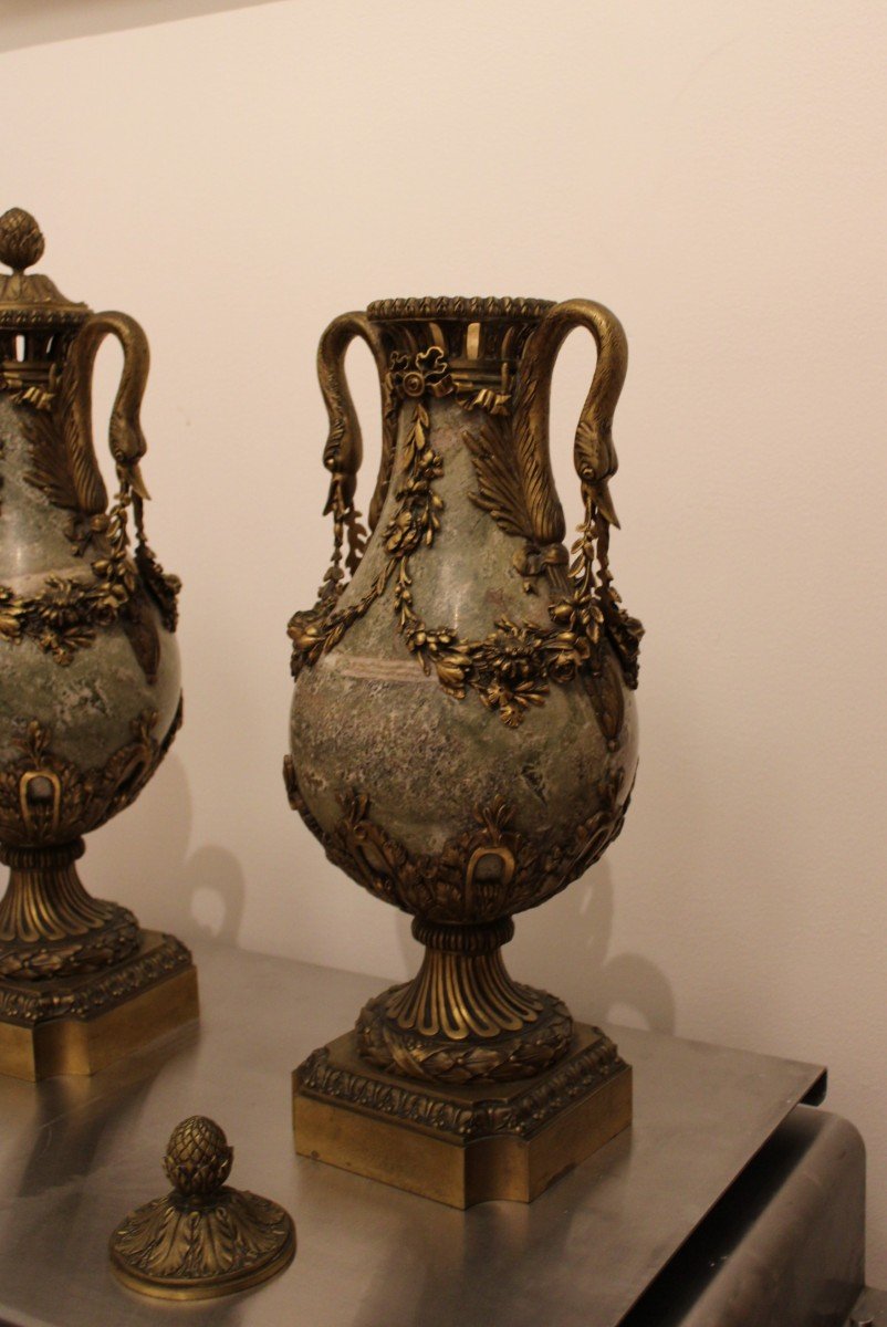 Pair Of Bronze And Marble Vases, Louis XVI Style. French, 19th Century-photo-6