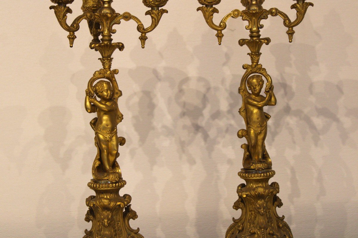 Pair Of Candelabra In Gilted Bronze, France, Late 19th Century-photo-2