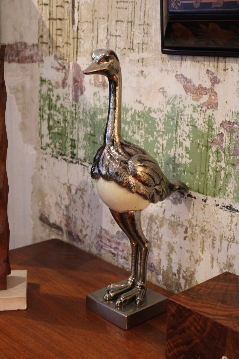 Paire d'autruches en métal argenté avec leurs oeufs, circa 1980-photo-4