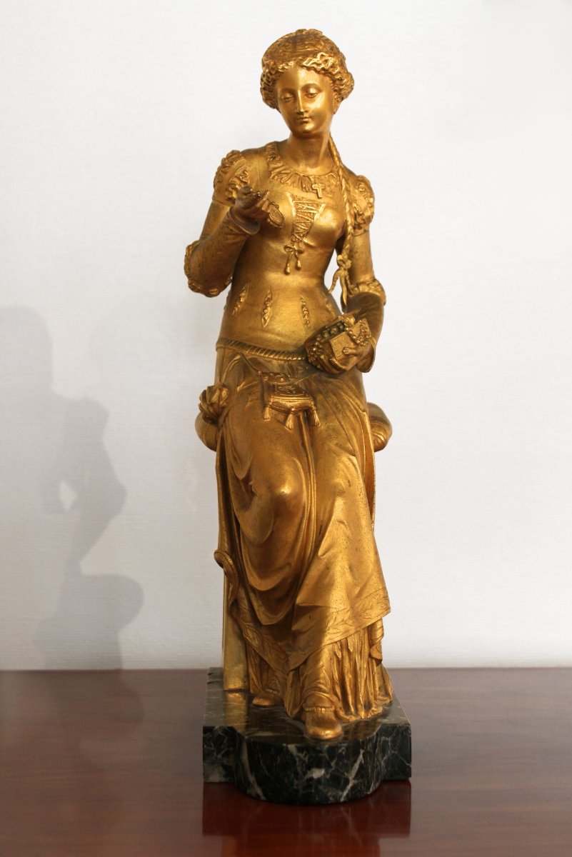 Young Woman With A Jewelry Box, Gilded Bronze Sculpture, 19th Century -photo-2