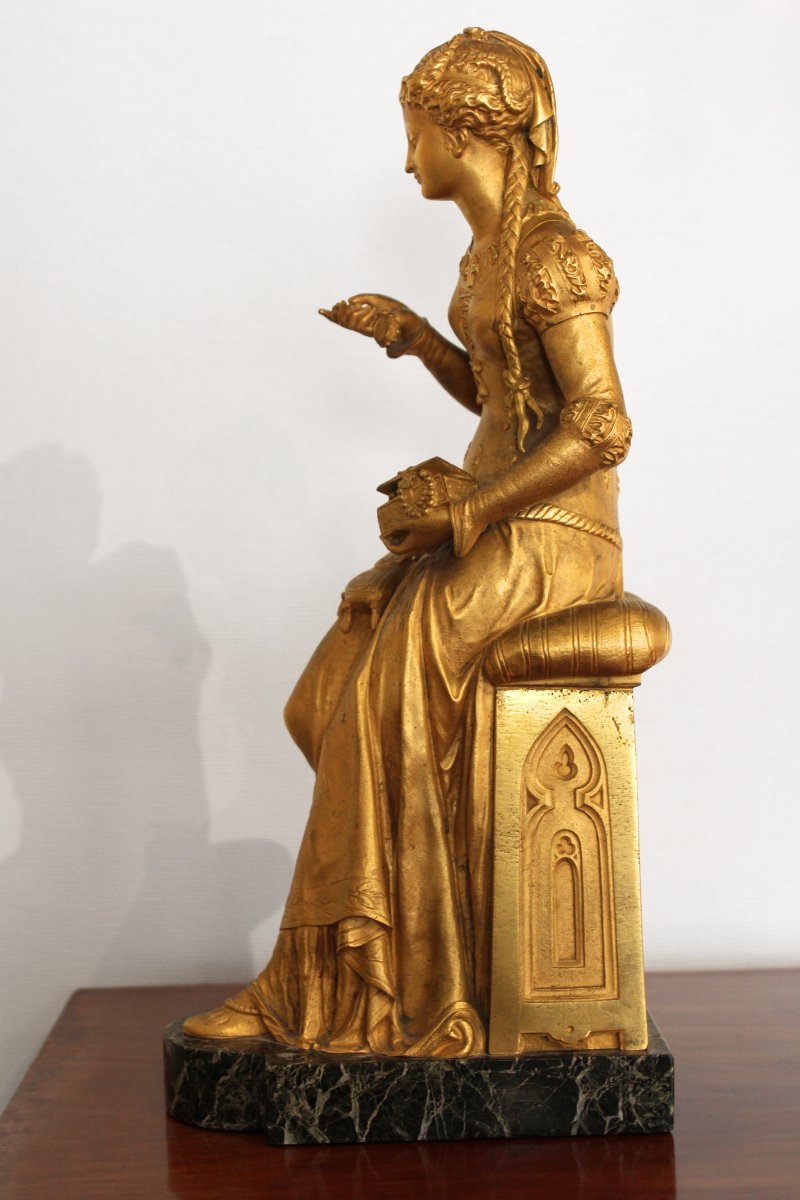 Young Woman With A Jewelry Box, Gilded Bronze Sculpture, 19th Century -photo-3