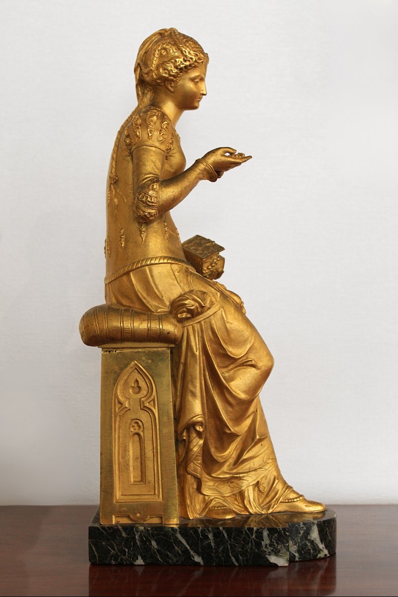 Young Woman With A Jewelry Box, Gilded Bronze Sculpture, 19th Century 