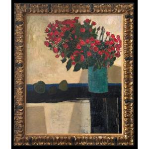 René Genis, Still Life With A Bouquet Of Roses, Oil On Canvas