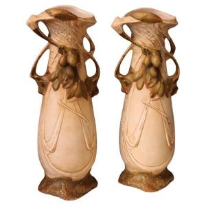 Pair Of Royal Dux Bohemia Porcelain Vases, Art Nouveau 19th Century