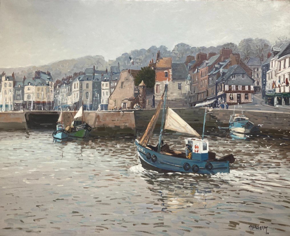 Ecole Française du XXème « Port de Honfleur, retour de pêche » Par MARGUERAY. 