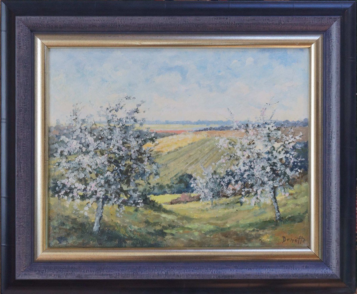 French And Post-impressionist School Of The 20th Century "apple Trees In Pays De Bray" By Derotte.-photo-2