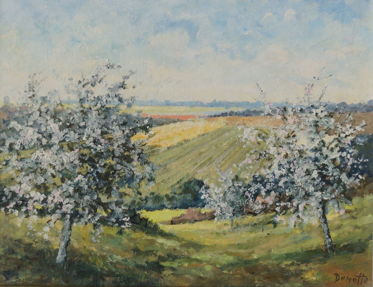 French And Post-impressionist School Of The 20th Century "apple Trees In Pays De Bray" By Derotte.