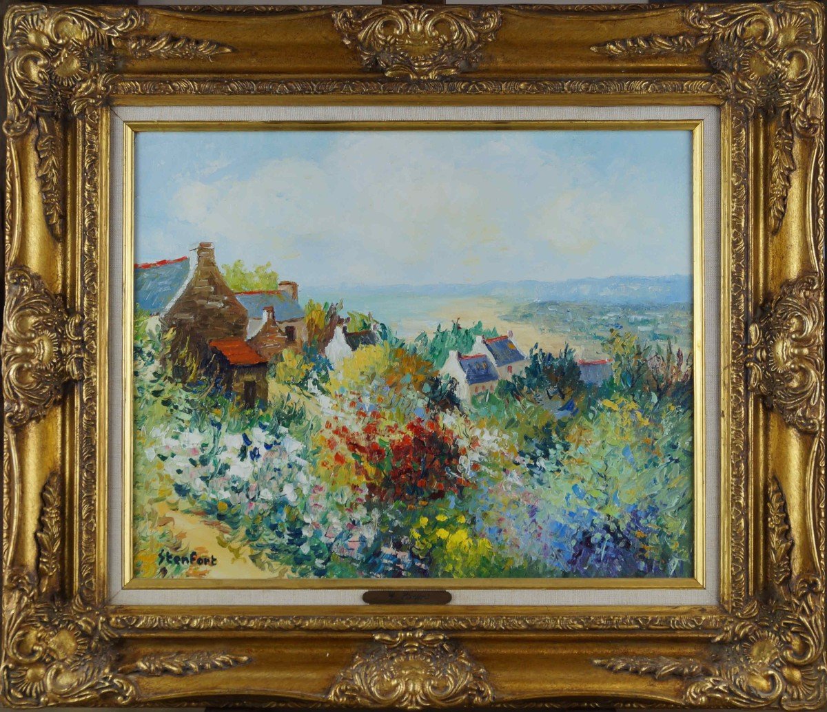 French School And Post-impressionist From The 20th Century “view Of Locronan” By Christiane Stenfort.-photo-2