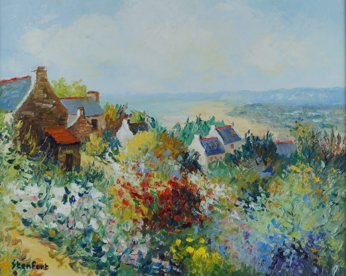 French School And Post-impressionist From The 20th Century “view Of Locronan” By Christiane Stenfort.