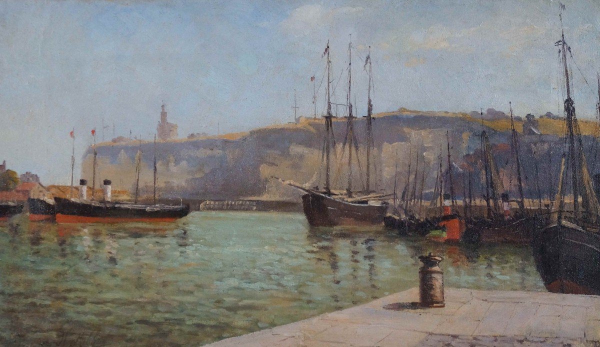 French School From The 19th-20th Century “port De Dieppe” Louis François Hyppolite Ribbrol (1839-?)