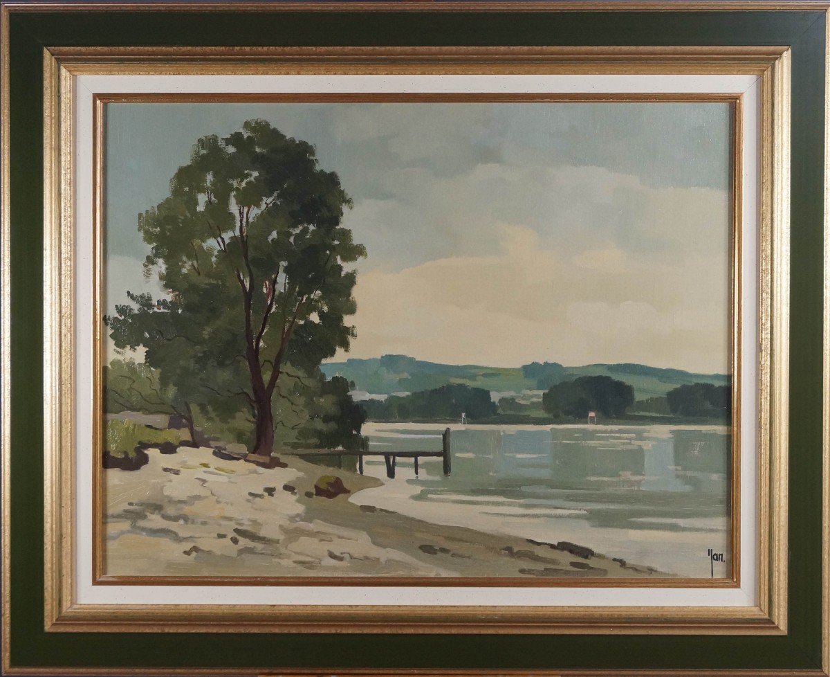 Ecole du  XXème « La Seine à Moisson » Robert Yan (1901-1994) Peintre Officiel de La Marine.-photo-2