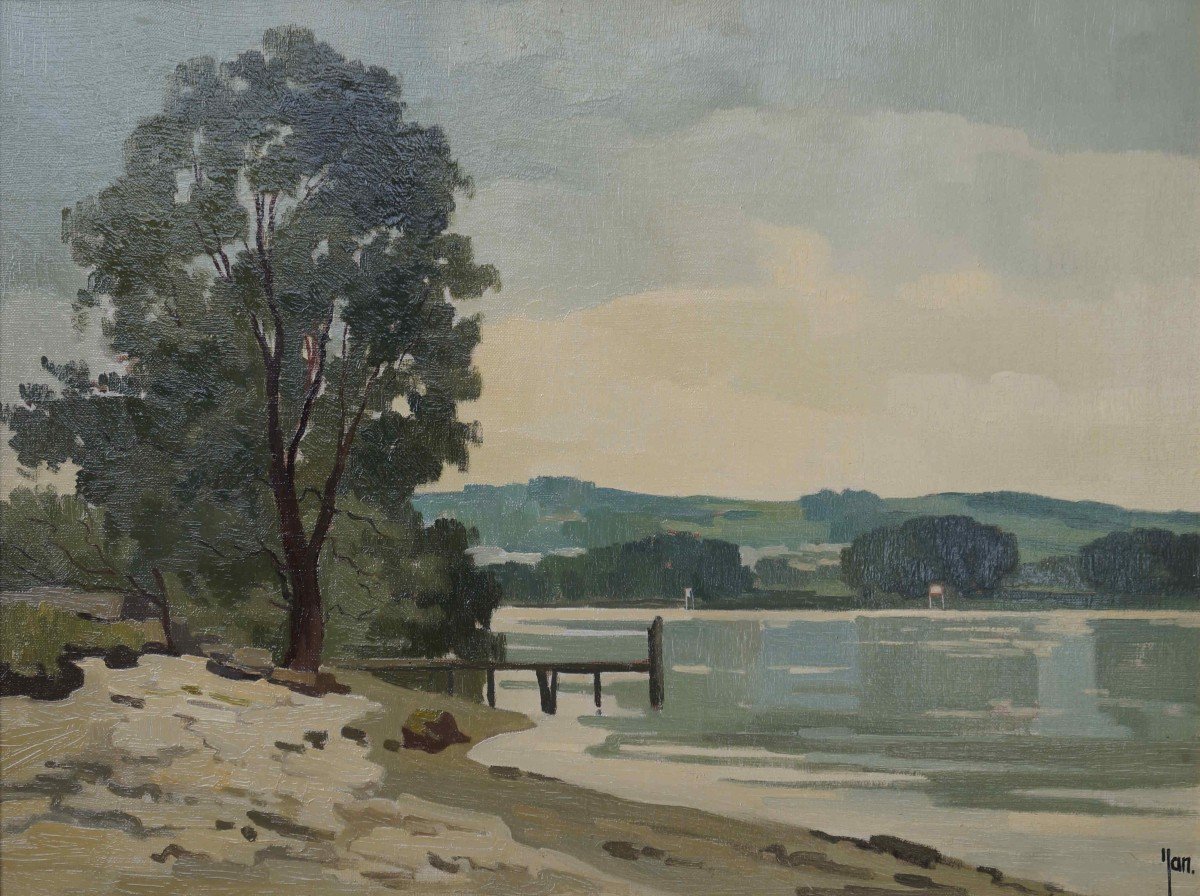 Ecole du  XXème « La Seine à Moisson » Robert Yan (1901-1994) Peintre Officiel de La Marine.