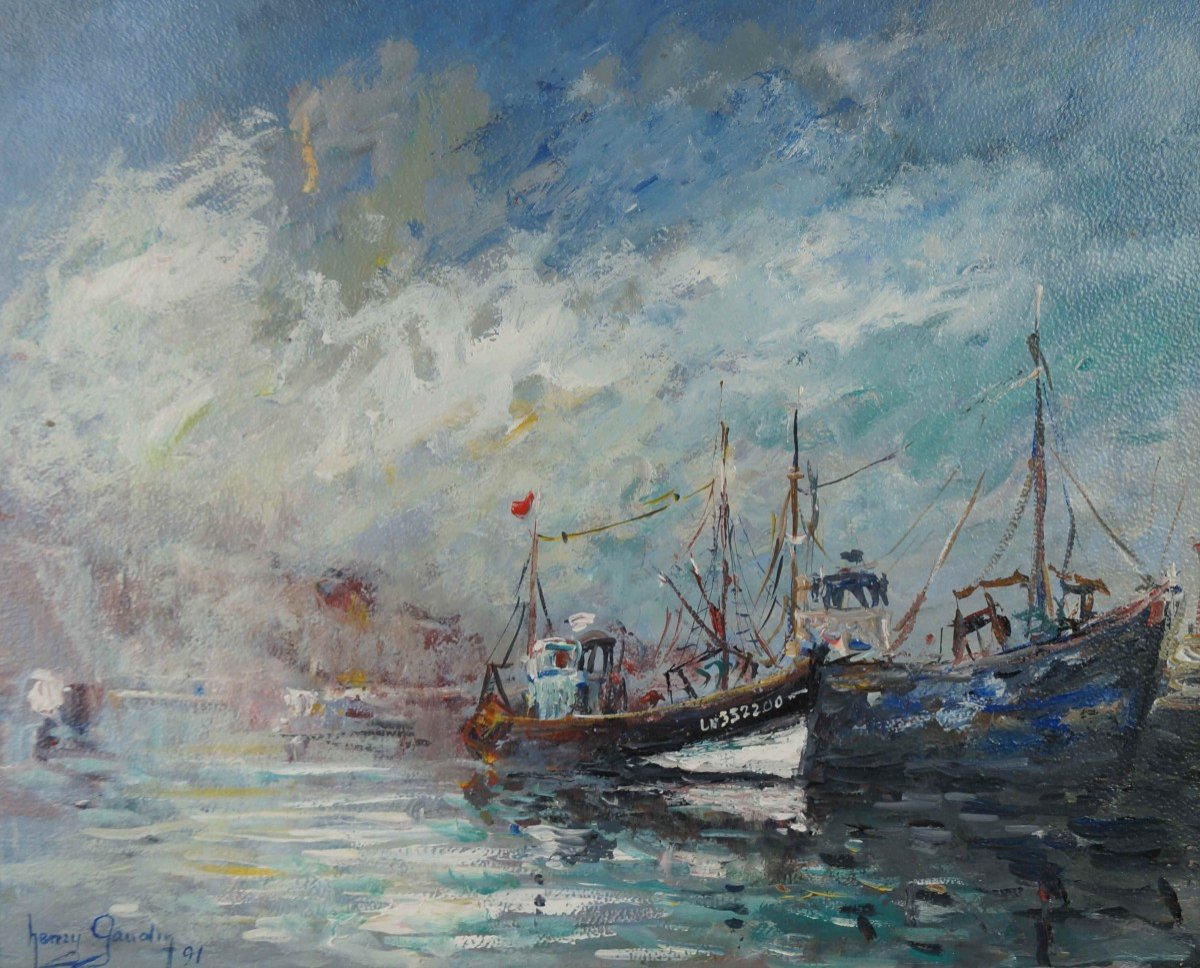 Ecole Française, Postimpressioniste du XXème « Bateaux de Pêche, Le Havre » Par Henri GAUDIN.-photo-2