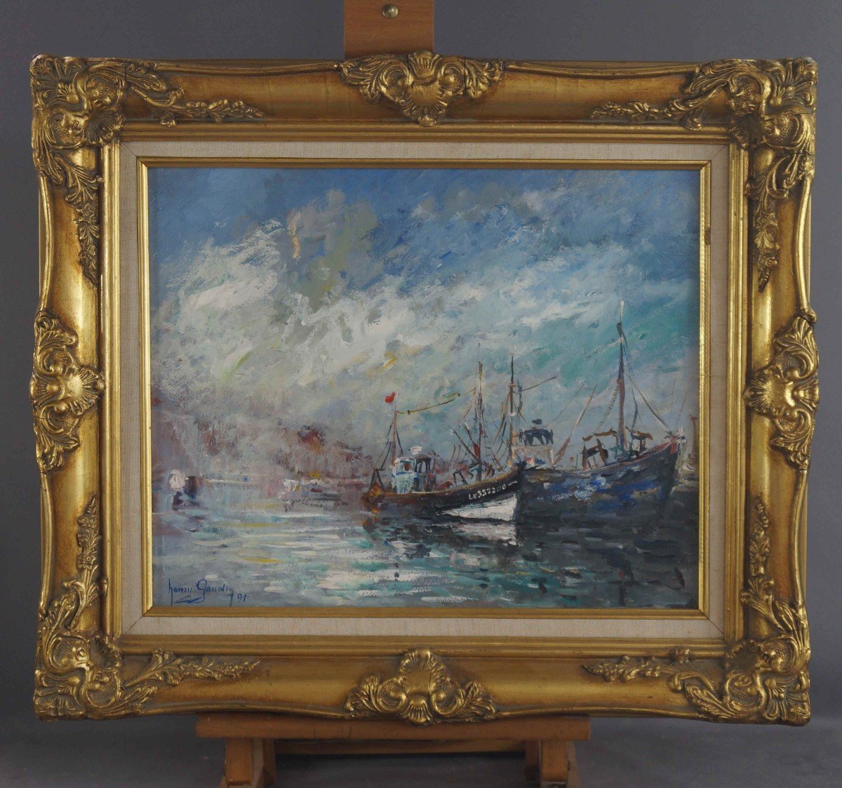 Ecole Française, Postimpressioniste du XXème « Bateaux de Pêche, Le Havre » Par Henri GAUDIN.-photo-4