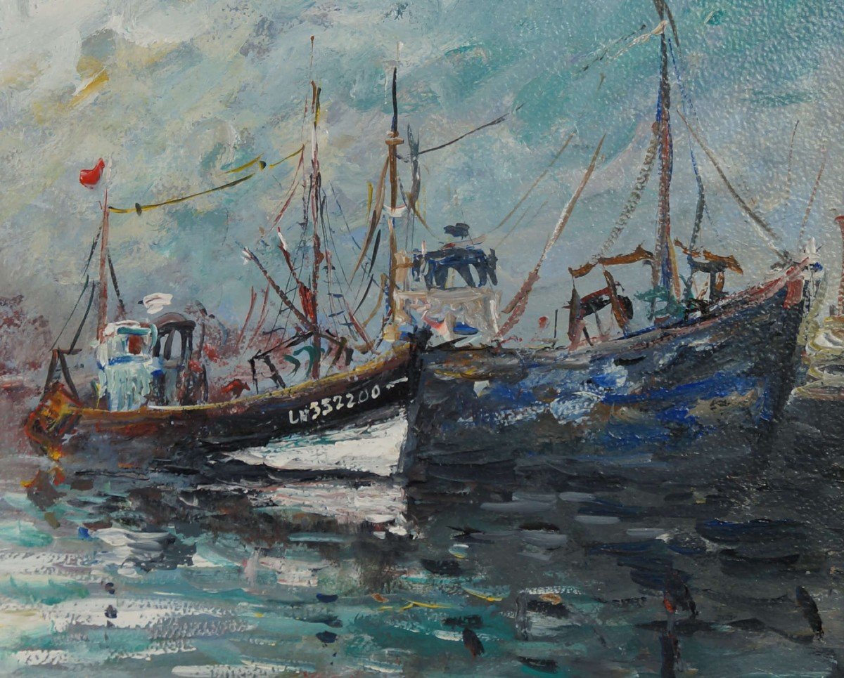 Ecole Française, Postimpressioniste du XXème « Bateaux de Pêche, Le Havre » Par Henri GAUDIN.-photo-1