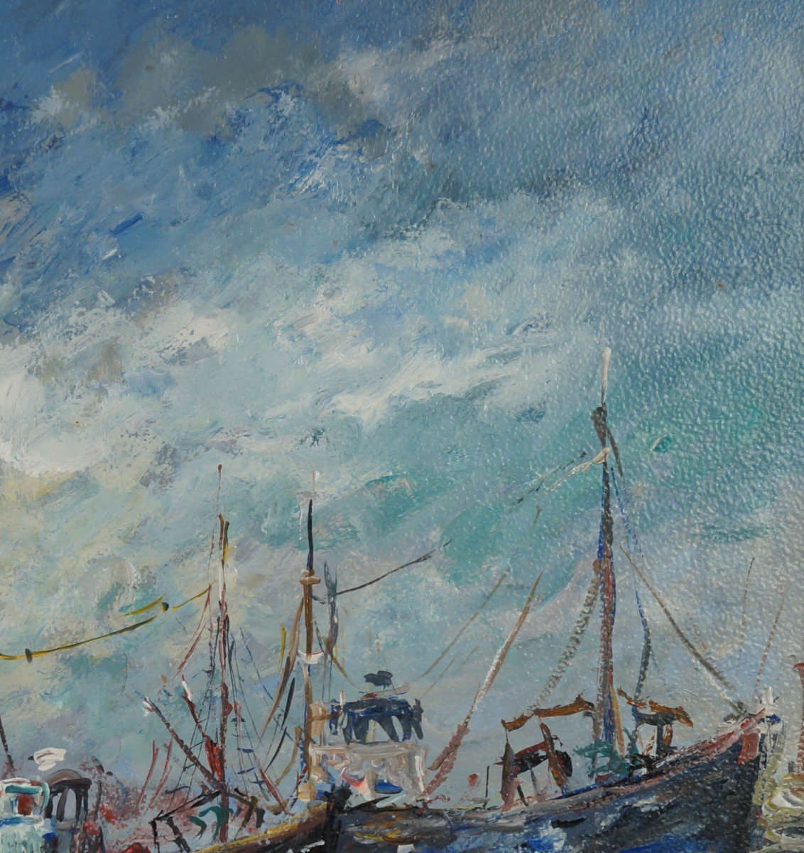 French School, Post-impressionist From The 20th Century “fishing Boats, Le Havre” By Henri Gaudin.-photo-4