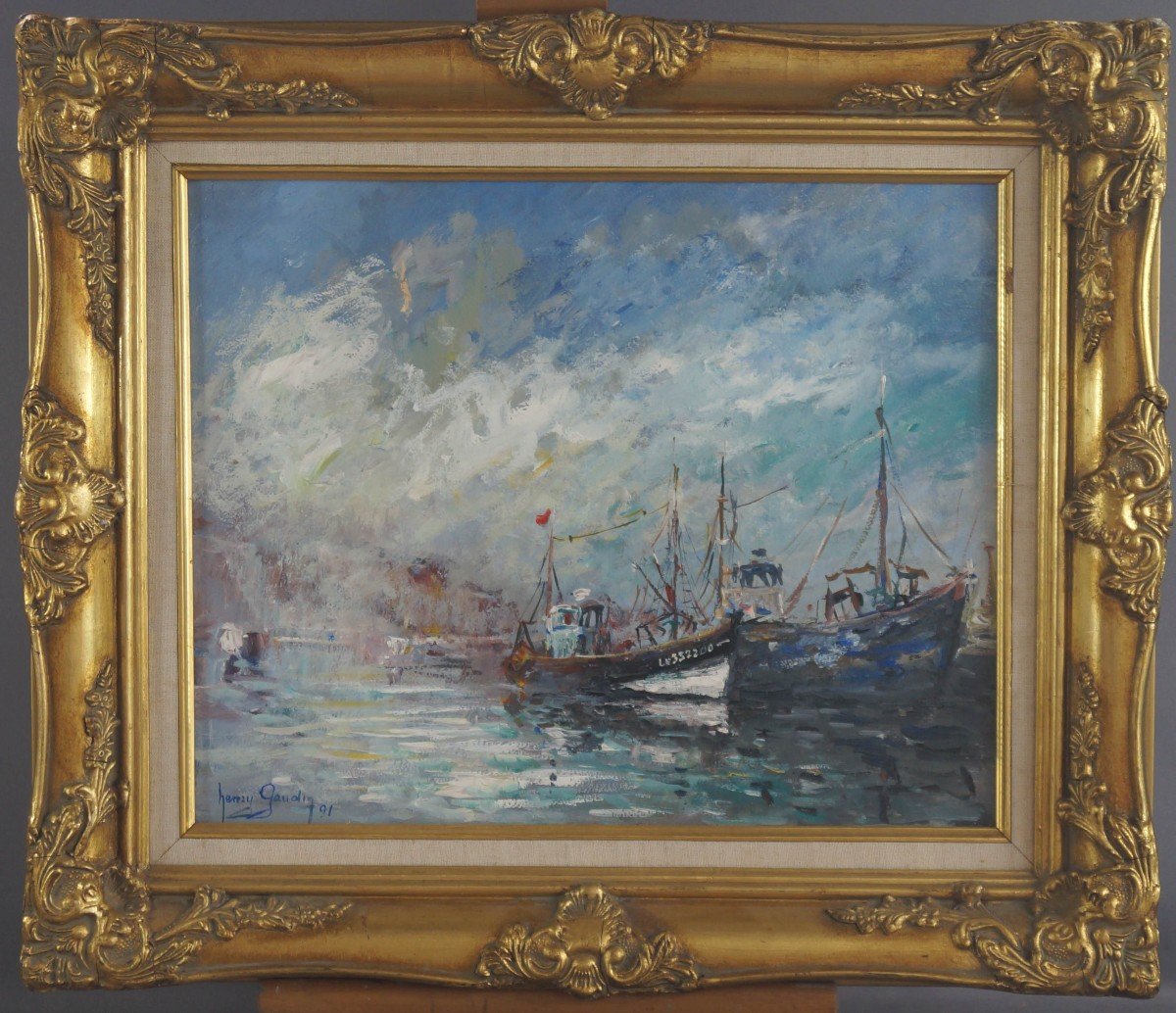 French School, Post-impressionist From The 20th Century “fishing Boats, Le Havre” By Henri Gaudin.