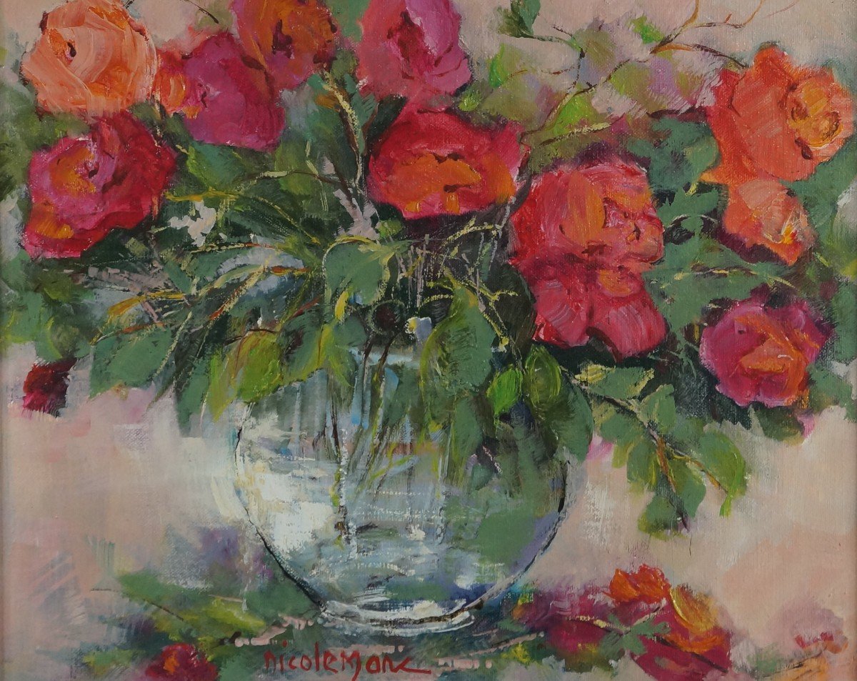 French And Rouen School Of The 20th Century “the Glass Vase” By Nicole Marc.-photo-2