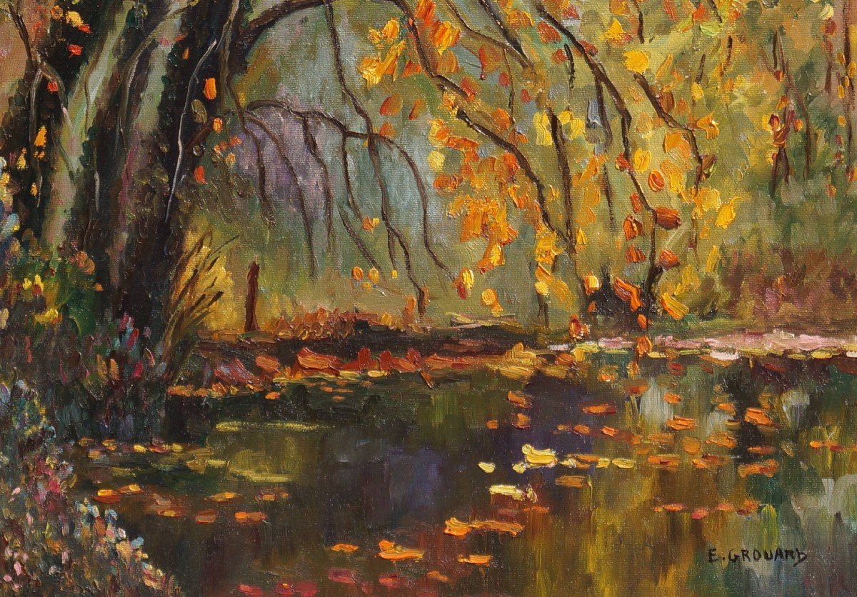 French And Rouen School Of The 20th Century “the Gouville Pond” By Eliane Grouard.  -photo-1
