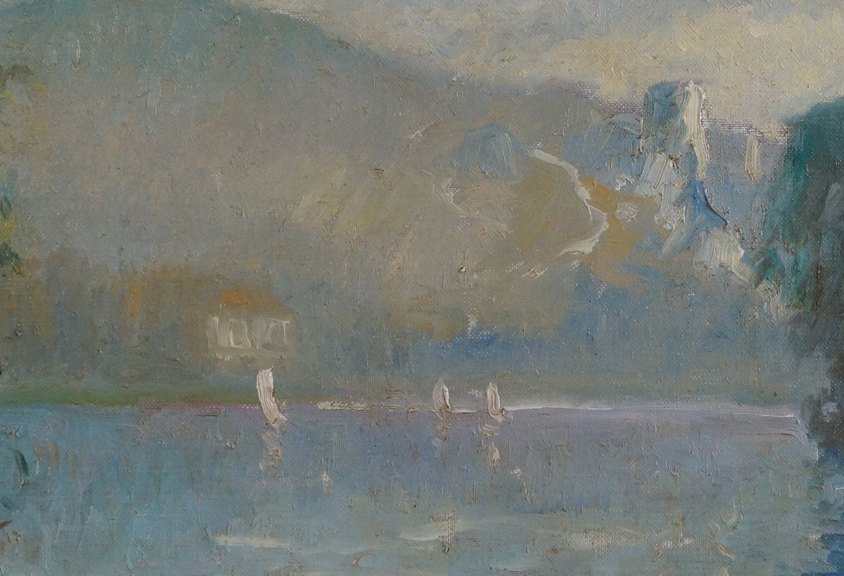 French And Impressionist School Of The Rouen School “the Seine At Andelys” By Jacques Huet.-photo-4