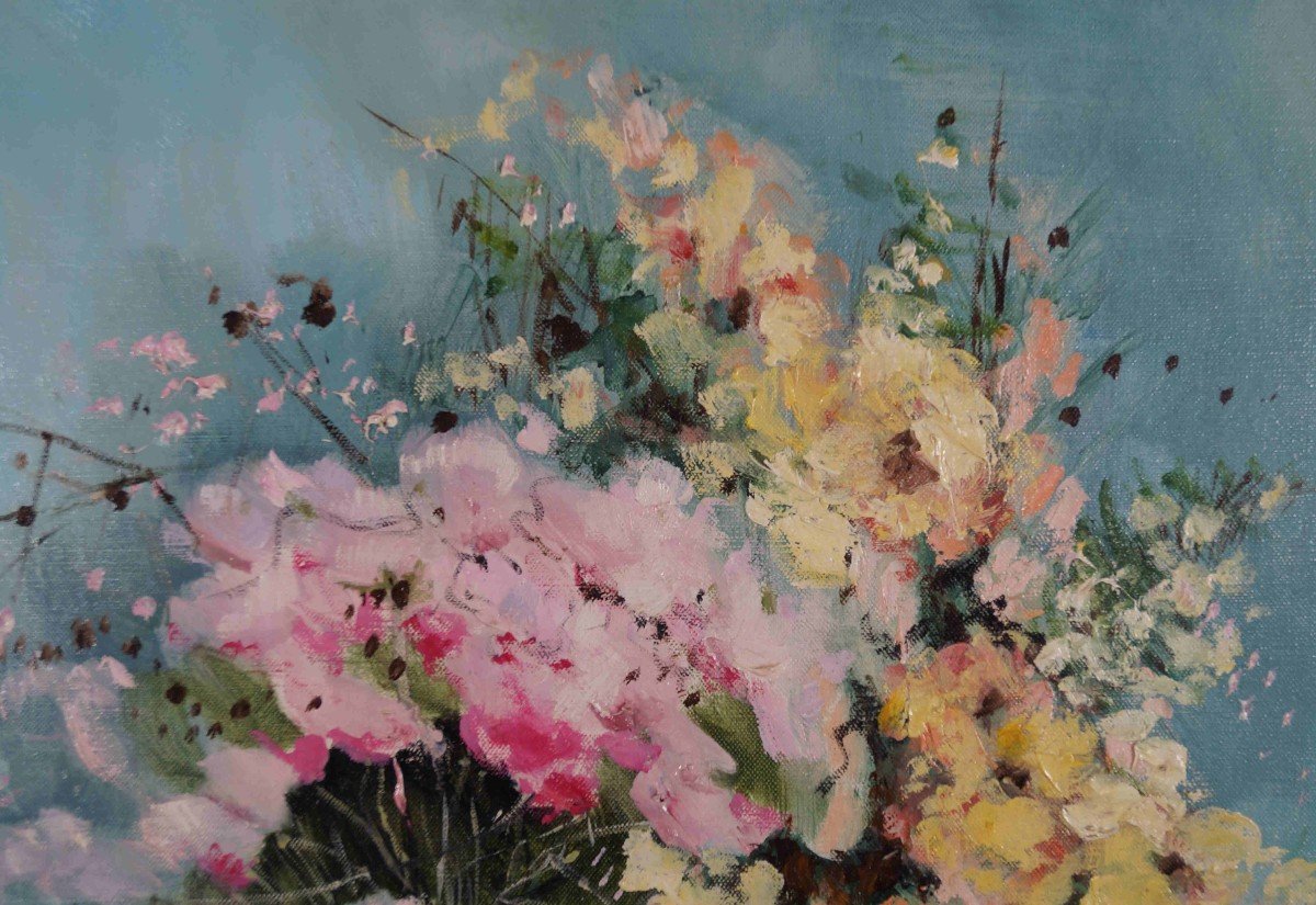 French And Rouen School Of The 20th Century “the Two Bouquets” By Nicole Marc.-photo-1
