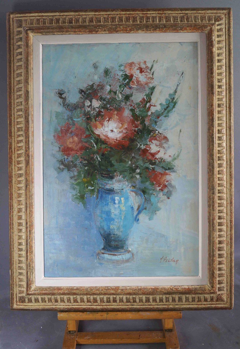 French And Rouen School Of The 20th Century “floral Composition” By Marcel Peltier.-photo-3