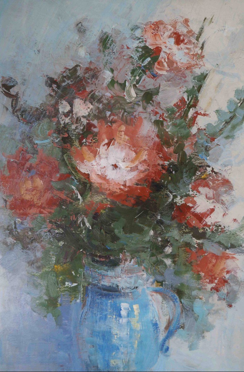 French And Rouen School Of The 20th Century “floral Composition” By Marcel Peltier.-photo-1