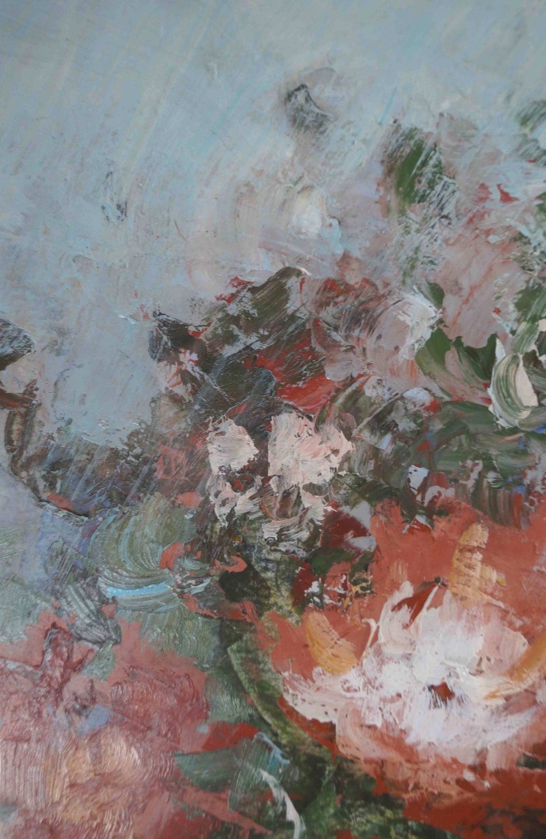 French And Rouen School Of The 20th Century “floral Composition” By Marcel Peltier.-photo-3