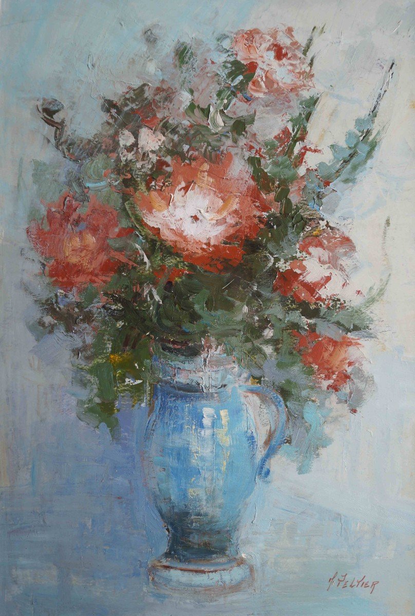 French And Rouen School Of The 20th Century “floral Composition” By Marcel Peltier.
