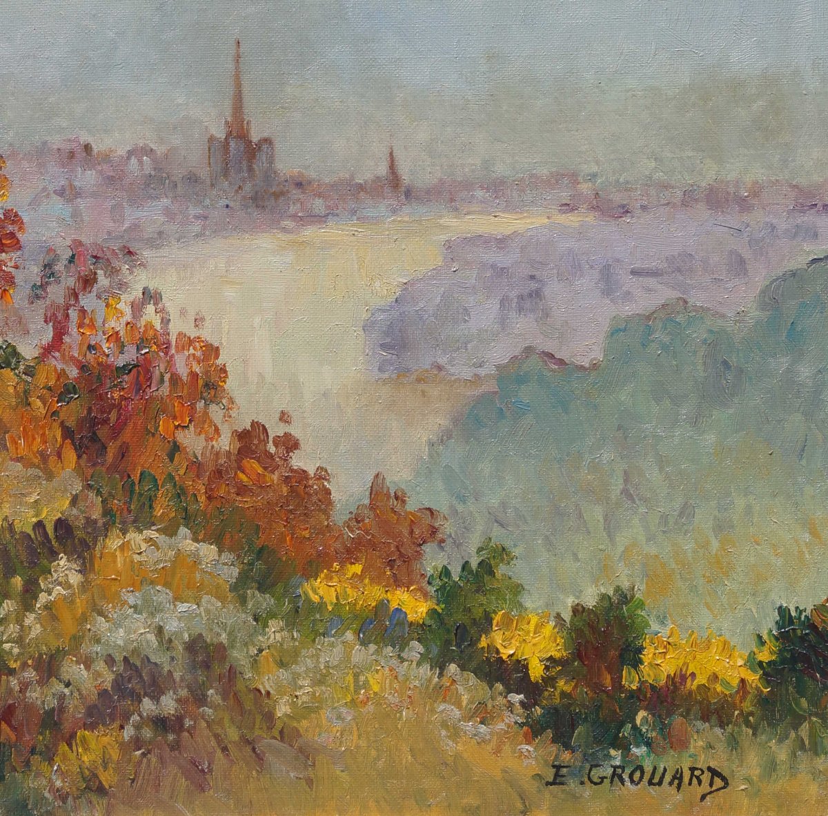 French And Impressionist School Of The Rouen School “panorama Of Rouen” By Eliane Grouard.-photo-4