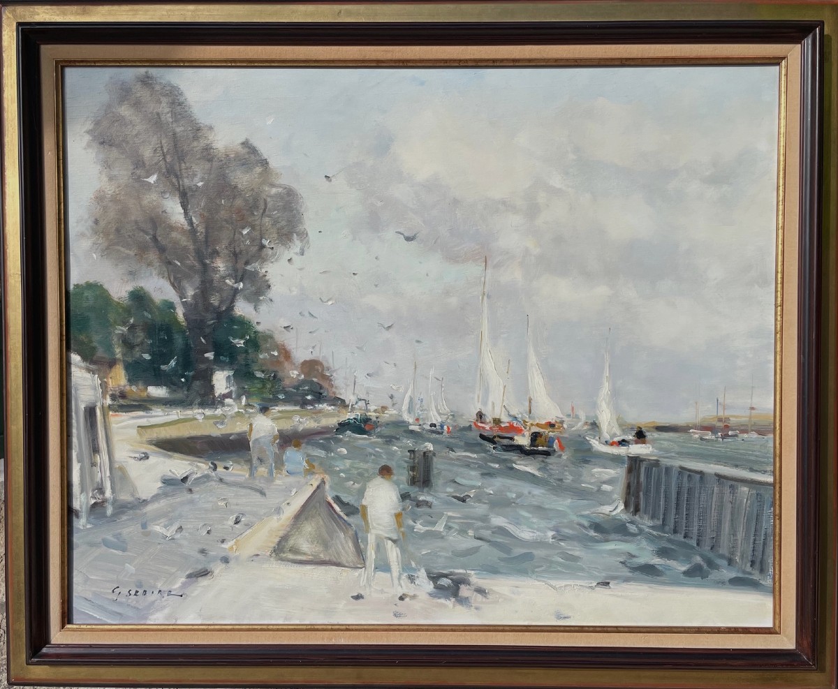 French School Of The 20th Century “sailboats In The Port” By Gaston Sebire (1920-2001) Pom-photo-2