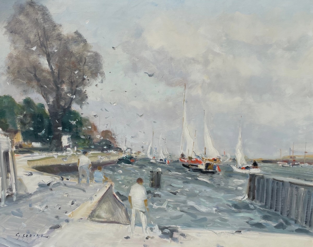French School Of The 20th Century “sailboats In The Port” By Gaston Sebire (1920-2001) Pom