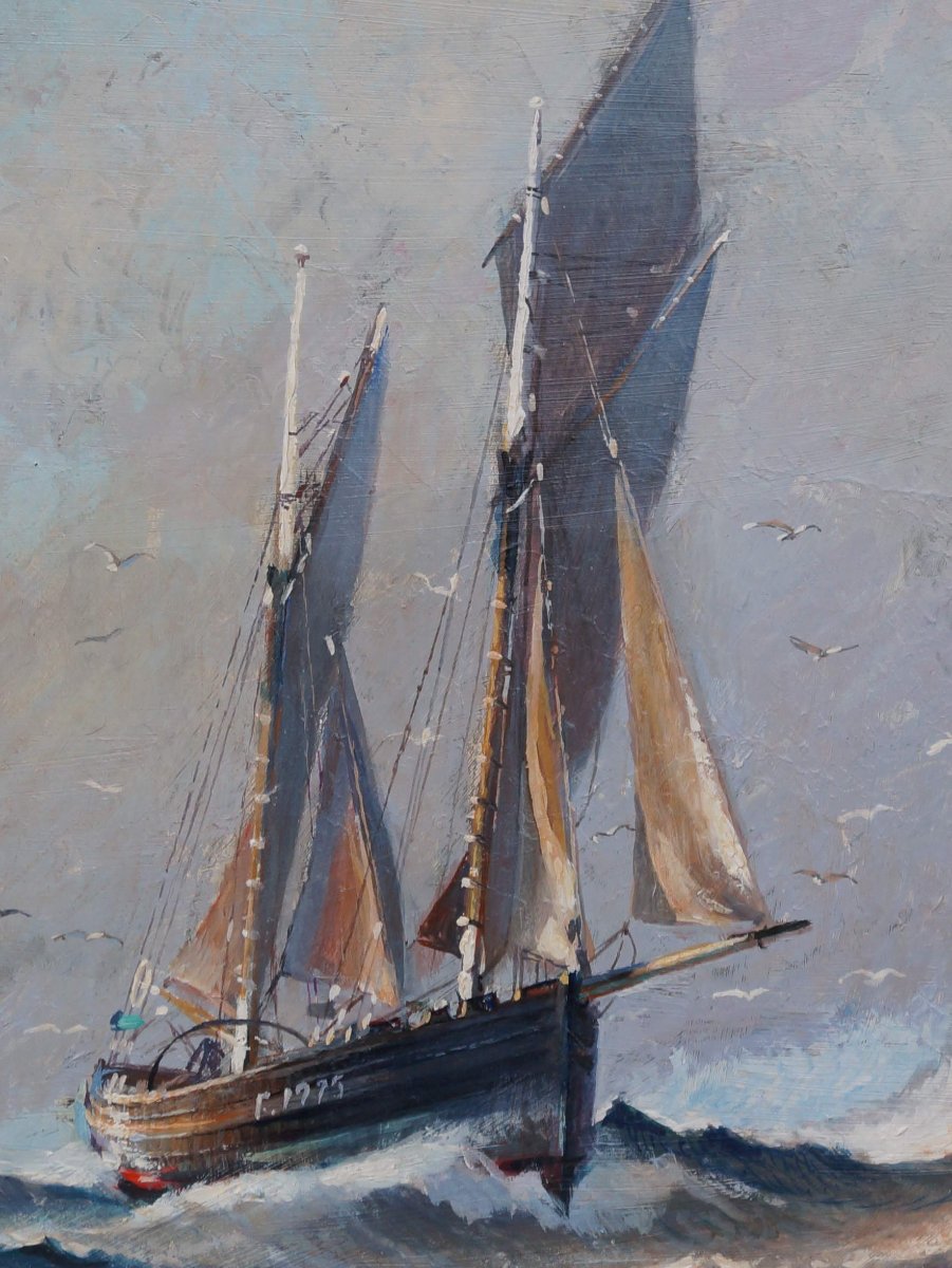 Ecole Française du XXème « Voiliers dans le port » par Guy PERON.-photo-1