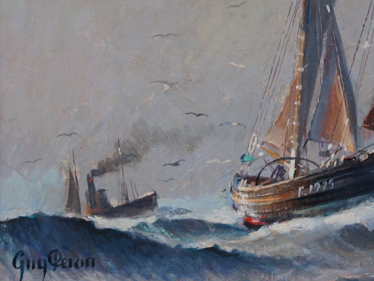 Ecole Française du XXème « Voiliers dans le port » par Guy PERON.-photo-2