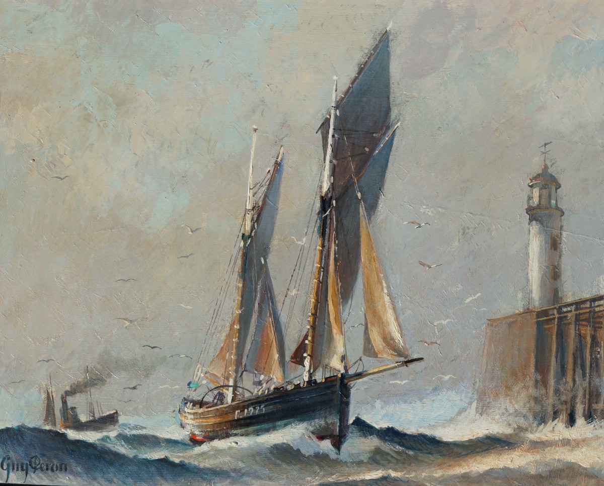 French School Of The 20th Century "sailboats In The Port" By Guy Peron.