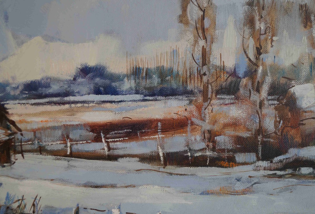 Ecole Française Normande, Postimpressionniste du XXème « Neige au crépuscule » par JP FOUACHE.-photo-2