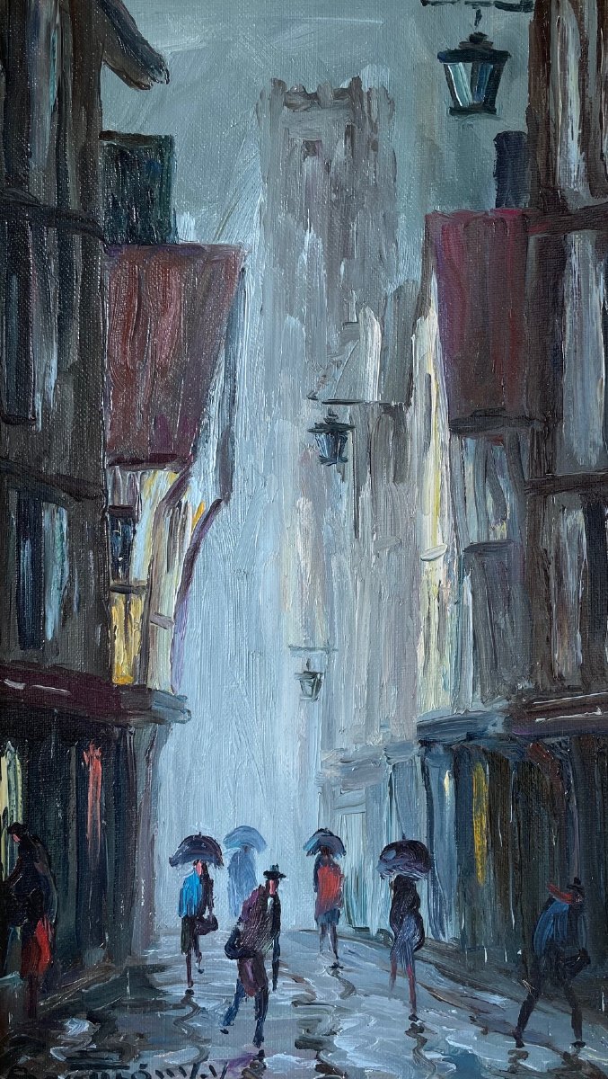 Ecole Française et Postimpressionniste du XXème « Effets de pluie, rue Damiette» par BOUFFIGNY.-photo-2